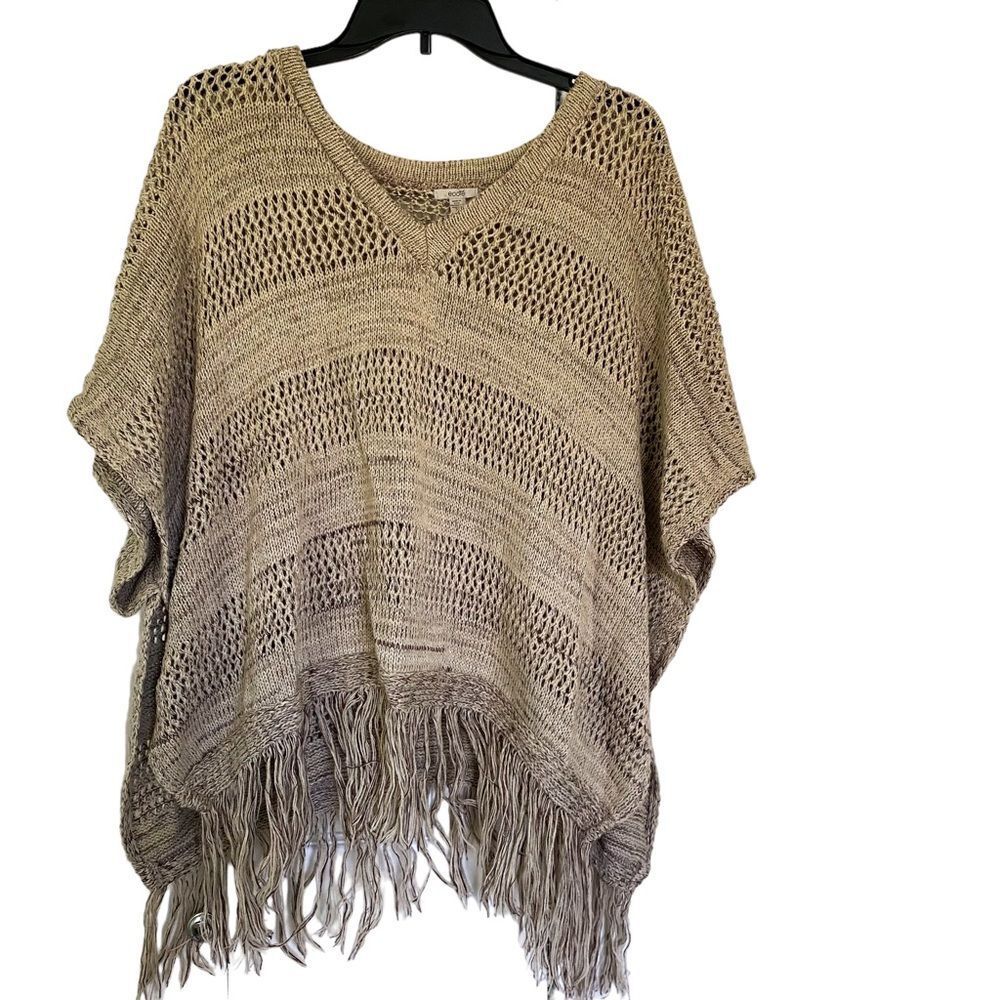Ecote Tan Beige Open Knit Fringe Bohemian V neck Poncho Sweater Size Medium